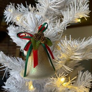 Vintage 1975 Festive Gold Bell Ornament with Red and Green Accents